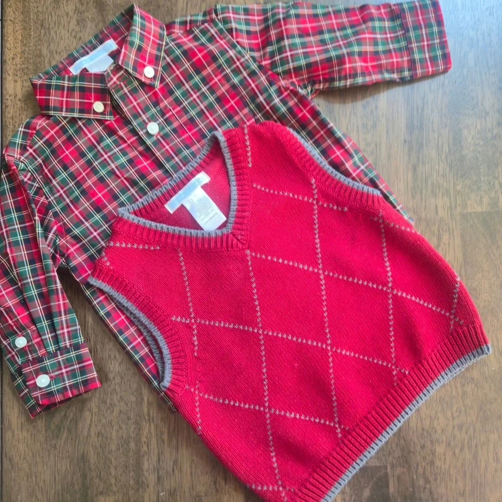 Janie and Jack Red Plaid Shirt and Argyle Sweater Vest Set 3-6 Months Holiday